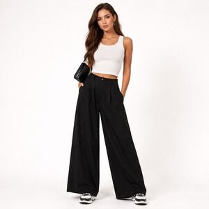 Merlette New York Sargent Emb Pant Black Wide Leg Cotton Trousers Size 14